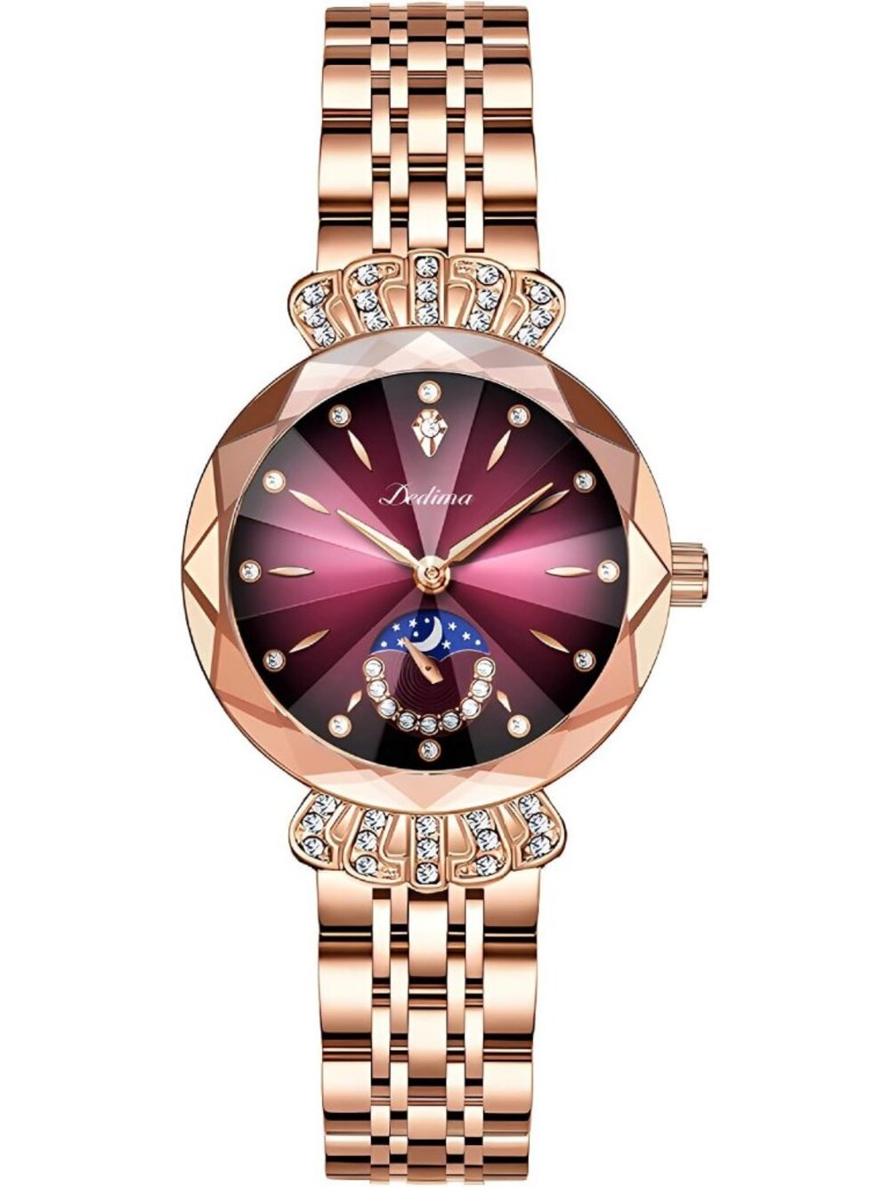 Women's Rose Red Steel Luxury Diamond Dial Stainless Steel Bracelet Wrist Watch